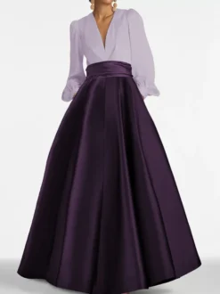 Robe de soirée col V manche longue jupe en satin au sol