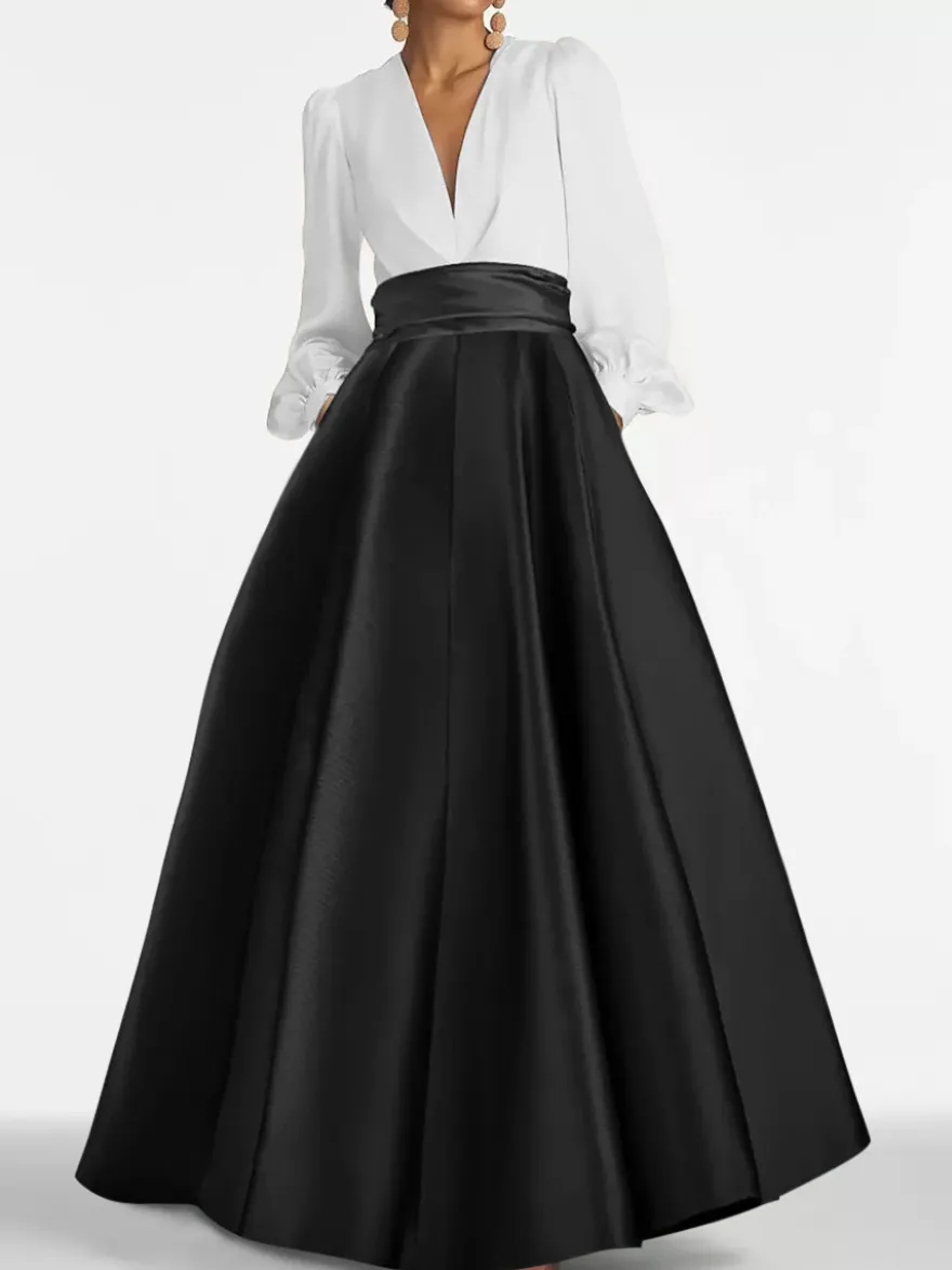 Robe de soirée col V manche longue jupe en satin au sol