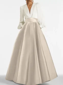 Robe de soirée col V manche longue jupe en satin au sol