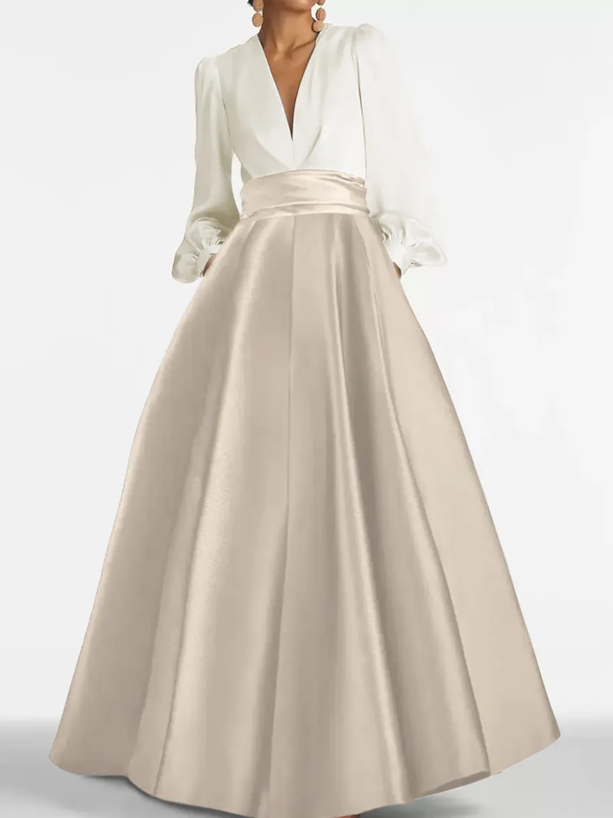 Robe de soirée col V manche longue jupe en satin au sol