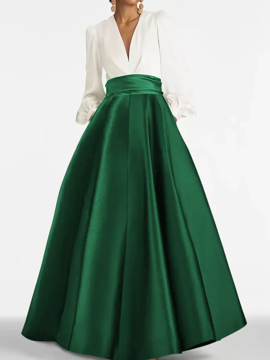 Robe de soirée col V manche longue jupe en satin au sol