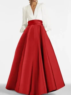 Robe de soirée col V manche longue jupe en satin au sol