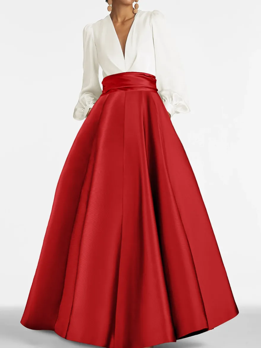 Robe de soirée col V manche longue jupe en satin au sol
