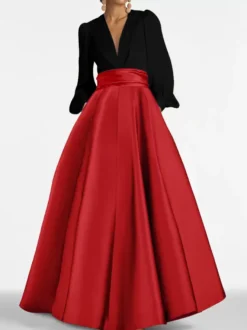 Robe de soirée col V manche longue jupe en satin au sol