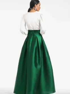 Robe de soirée col V manche longue jupe en satin au sol
