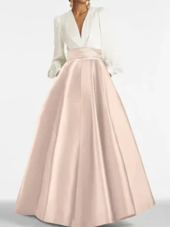Robe de soirée col V manche longue jupe en satin au sol