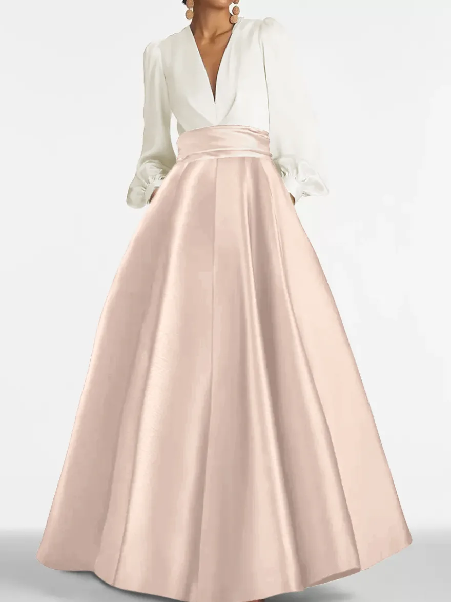 Robe de soirée col V manche longue jupe en satin au sol