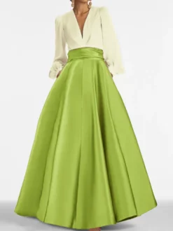 Robe de soirée col V manche longue jupe en satin au sol