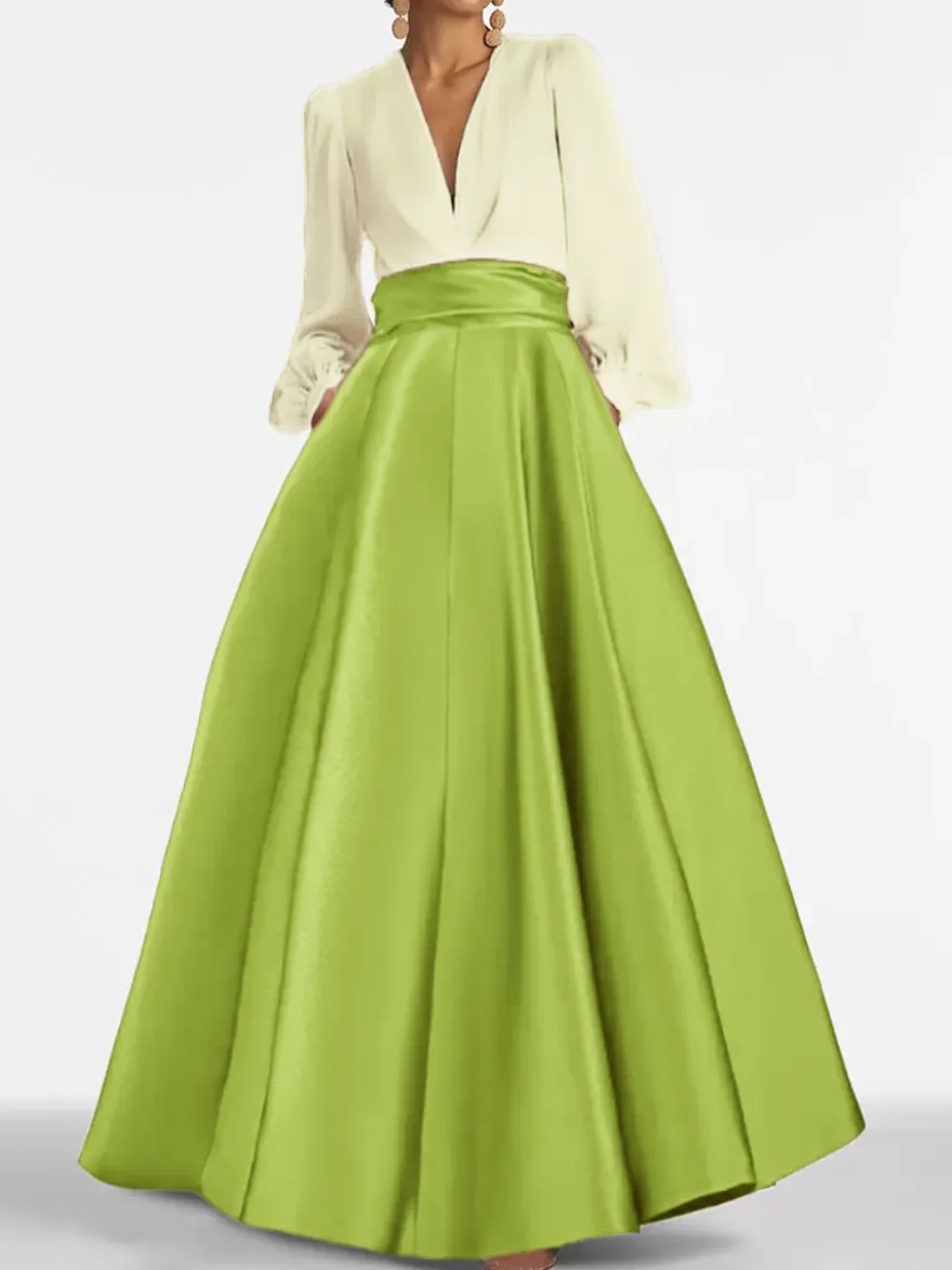 Robe de soirée col V manche longue jupe en satin au sol