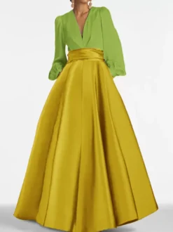 Robe de soirée col V manche longue jupe en satin au sol