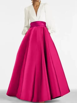 Robe de soirée col V manche longue jupe en satin au sol