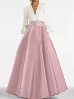 Robe de soirée col V manche longue jupe en satin au sol