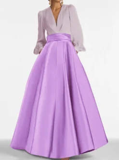 Robe de soirée col V manche longue jupe en satin au sol
