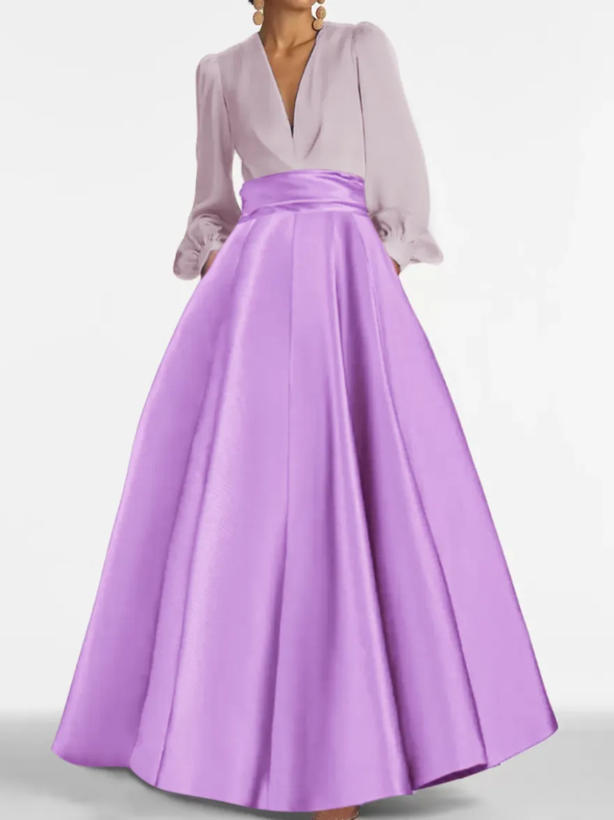 Robe de soirée col V manche longue jupe en satin au sol