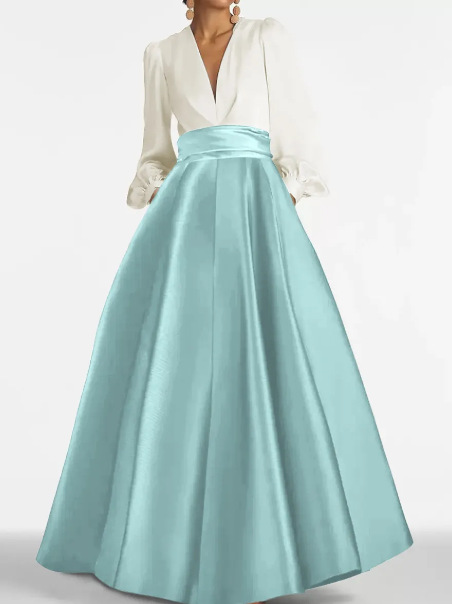 Robe de soirée col V manche longue jupe en satin au sol