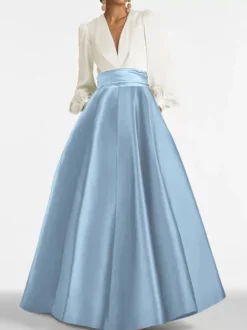Robe de soirée col V manche longue jupe en satin au sol