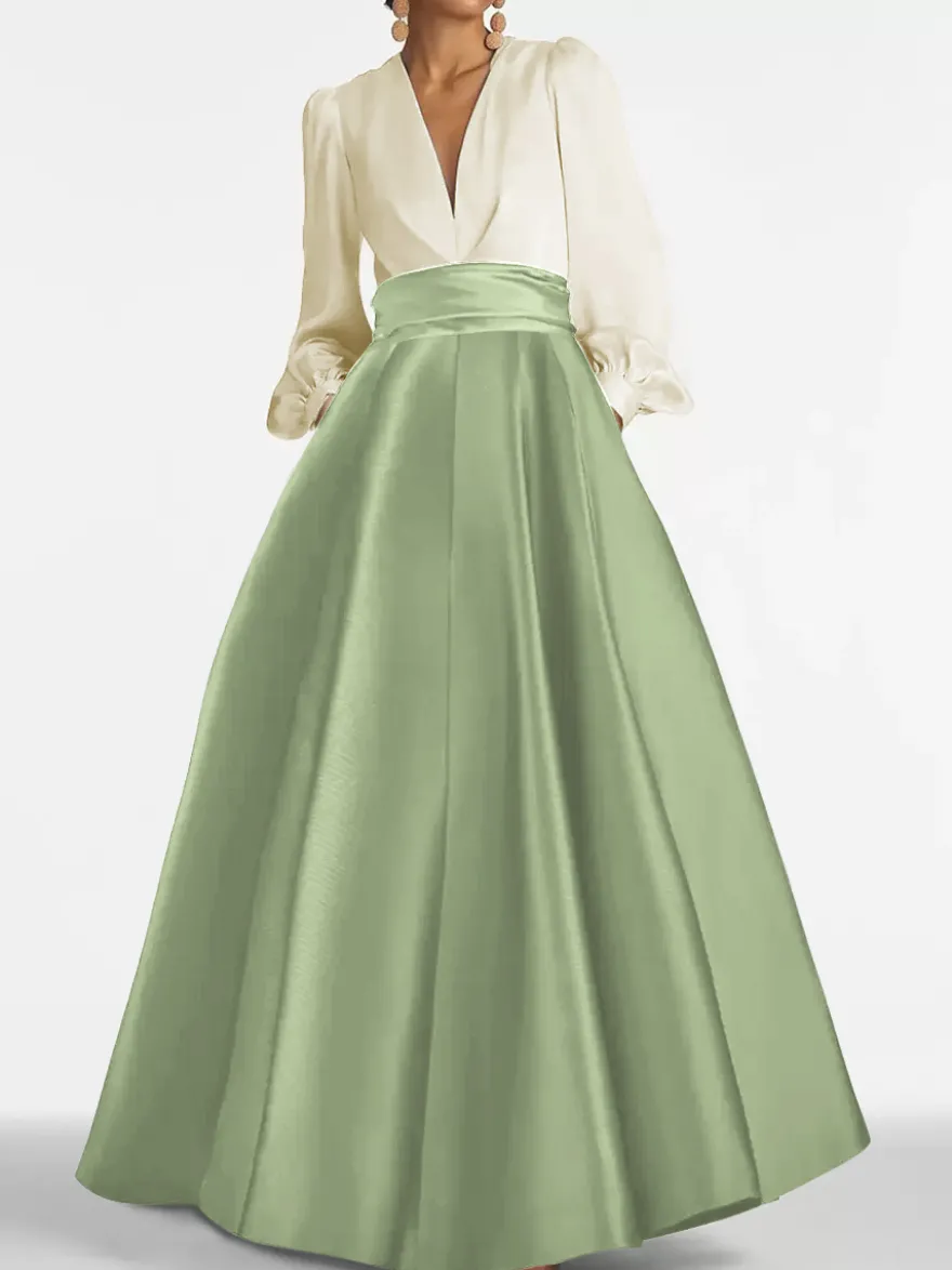 Robe de soirée col V manche longue jupe en satin au sol