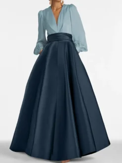 Robe de soirée col V manche longue jupe en satin au sol