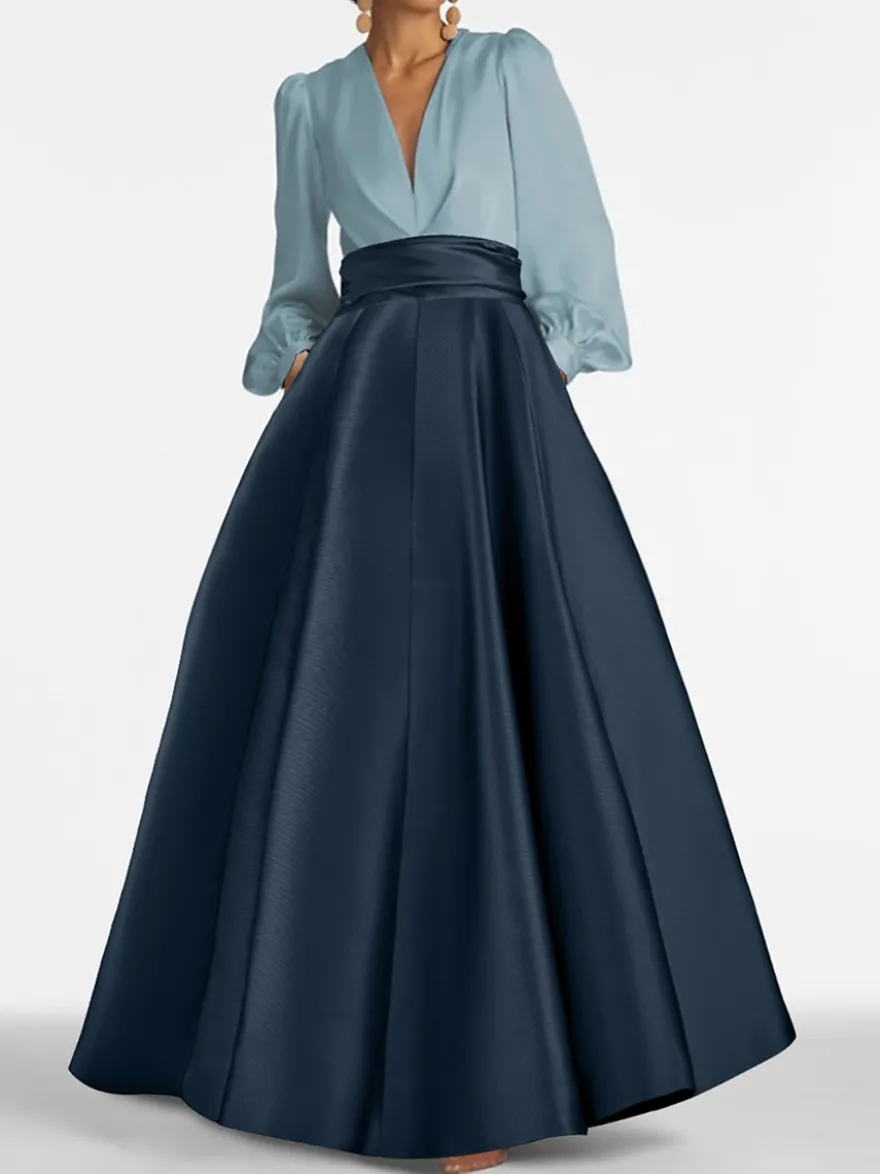 Robe de soirée col V manche longue jupe en satin au sol