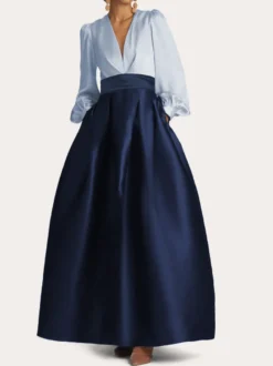 Robe de soirée col V manche longue jupe en satin au sol
