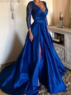 Robe de soirée col V manches 3/4 en dentelle jupe fendue à traîne en satin robe de bal