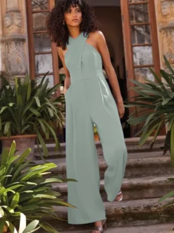 Robe de soirée combinaison décolleté conçu longueur cheville sans manches fermeture éclair plissée crêpe extensible robes de soirée formelles