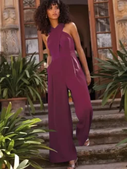 Robe de soirée combinaison décolleté conçu longueur cheville sans manches fermeture éclair plissée crêpe extensible robes de soirée formelles