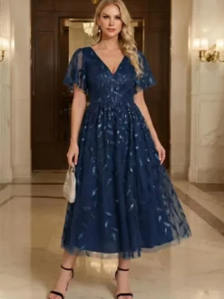 Robe de soirée courte à col en V longueur thé manches courtes fermeture éclair sequins robe de concours de beauté à sequins