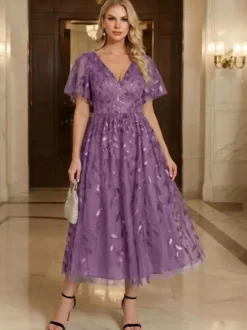Robe de soirée courte à col en V longueur thé manches courtes fermeture éclair sequins robe de concours de beauté à sequins