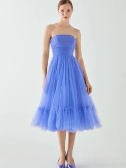 Robe de soirée courte sans bretelles longueur thé sans manches fermeture éclair plissée en Tulle robes de concours sociaux