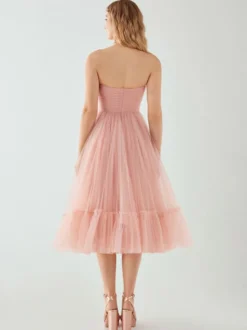 Robe de soirée courte sans bretelles longueur thé sans manches fermeture éclair plissée en Tulle robes de concours sociaux