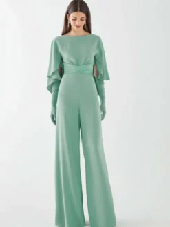 Robe de soirée en crêpe extensible combinaison à col bijou longueur au sol ceinture robes de dîner formelles