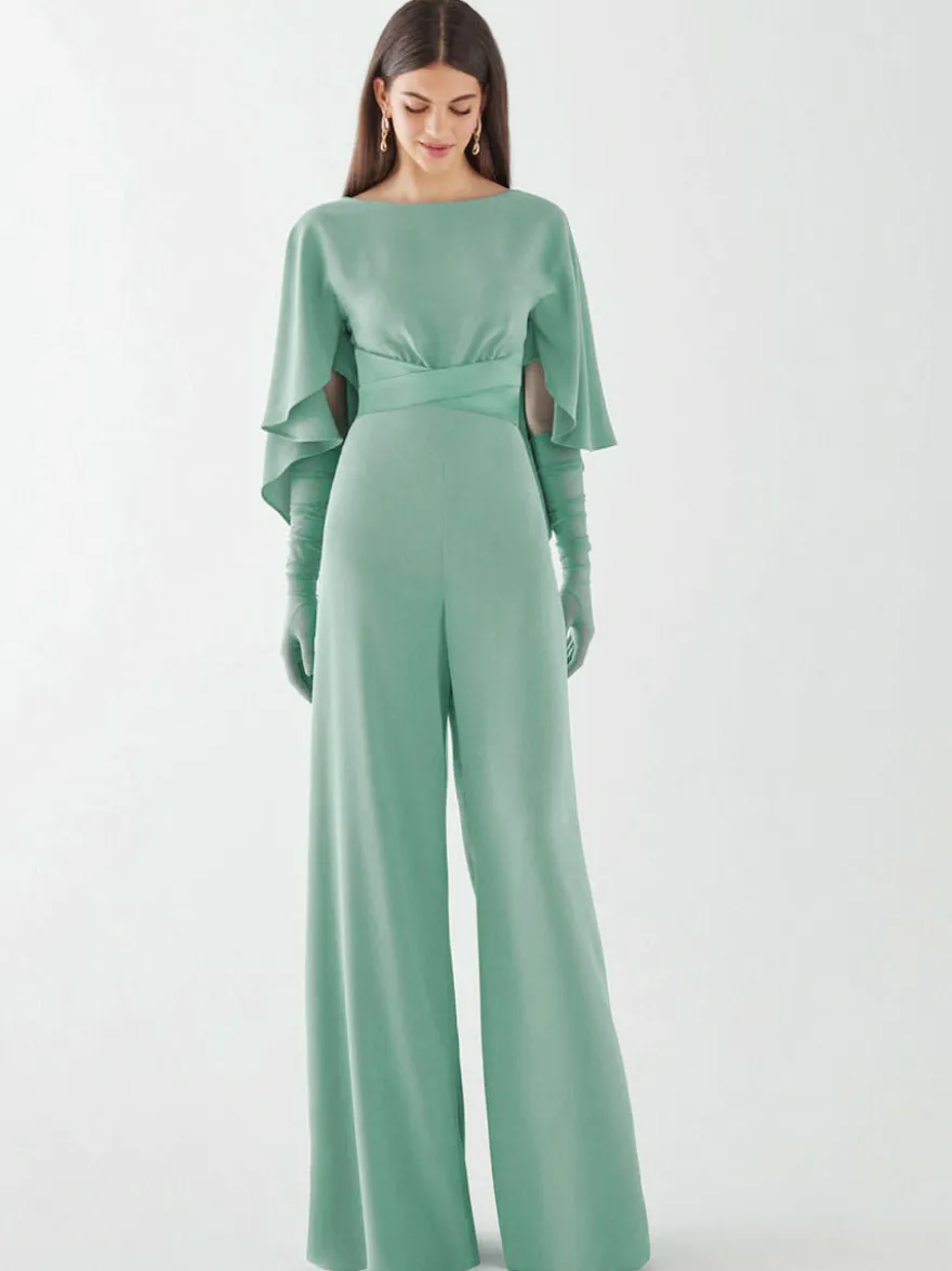 Robe de soirée en crêpe extensible combinaison à col bijou longueur au sol ceinture robes de dîner formelles