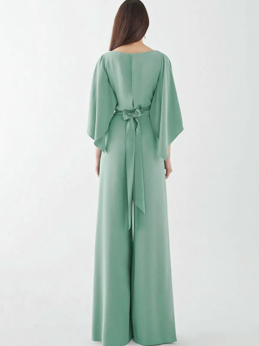 Robe de soirée en crêpe extensible combinaison à col bijou longueur au sol ceinture robes de dîner formelles