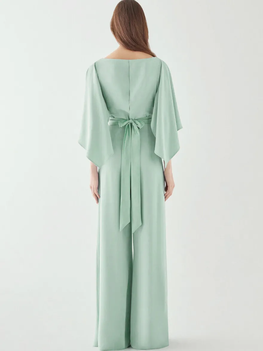 Robe de soirée en crêpe extensible combinaison à col bijou longueur au sol ceinture robes de dîner formelles