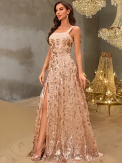 Robe de soirée femme sans manches brodée de fleurs et de sequins fente haute sur la cuisse fermeture éclair robe d'invitée de mariage