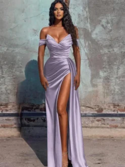 Robe de soirée fourreau col en V en tissu satiné longueur au sol robes de dîner formelles