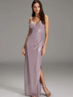 Robe de soirée fourreau col en V en polyester longueur au sol plissée robes de soirée sociale