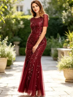 Robe de soirée fourreau à col rond et manches courtes ornée de sequins en tulle et tulle. Robes de cérémonie à sequins.