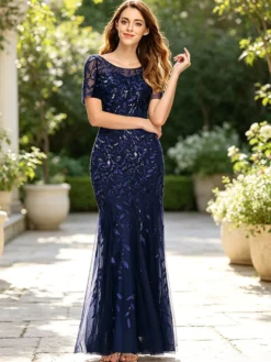 Robe de soirée fourreau à col rond et manches courtes ornée de sequins en tulle et tulle. Robes de cérémonie à sequins.