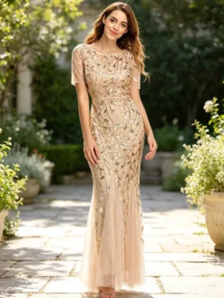 Robe de soirée fourreau à col rond et manches courtes ornée de sequins en tulle et tulle. Robes de cérémonie à sequins.