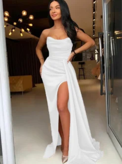 Robe de soirée fourreau en Satin tissé élastique col bateau avec traîne fendue sur le devant robes de soirée formelles