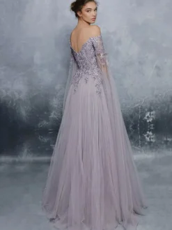 Robe de soirée lavande en tulle bustier en dentelle manche longue transparent au sol zip sur dos robe de cérémonie