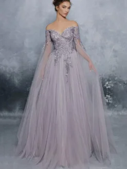 Robe de soirée lavande en tulle bustier en dentelle manche longue transparent au sol zip sur dos robe de cérémonie