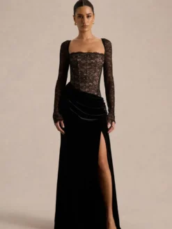 Robe de soirée longue noire à col carré et manches longues bicolore sexy et semi-formelle