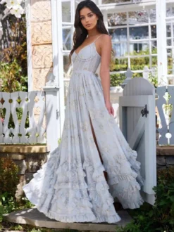 Robe de soirée longue à volants superposés et à bretelles fendues 2026