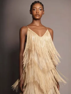 Robe de soirée maxi dorée à col V sans manches épaules dénudées robe d'été sexy et semi-formelle