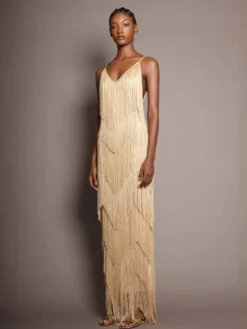 Robe de soirée maxi dorée à col V sans manches épaules dénudées robe d'été sexy et semi-formelle