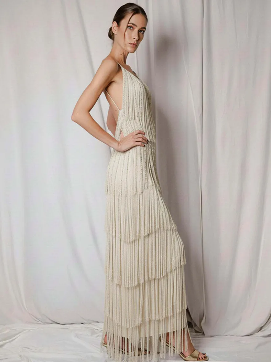 Robe de soirée maxi dorée à col V sans manches épaules dénudées robe d'été sexy et semi-formelle