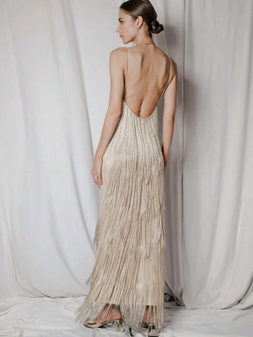 Robe de soirée maxi dorée à col V sans manches épaules dénudées robe d'été sexy et semi-formelle